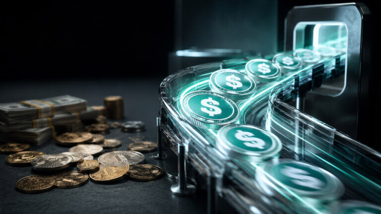Stablecoins moving rapidly along a glowing conveyor belt while smaller piles of cash and crypto coins sit in the background.