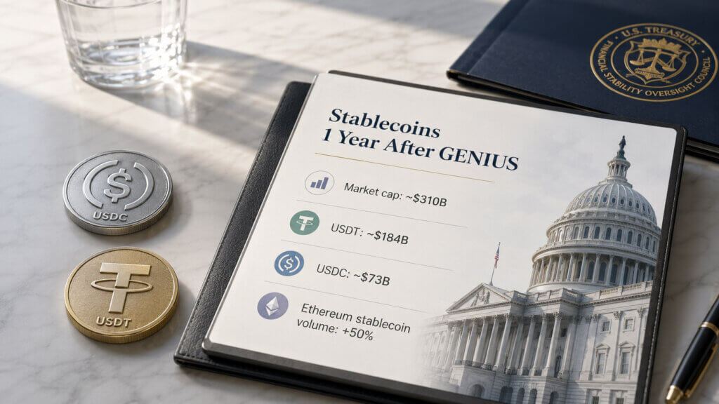 Stablecoin market report showing a $310 billion market cap, $184 billion USDT, $73 billion USDC, and 50% Ethereum volume growth beside regulatory imagery.