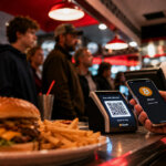 Customer taps a phone displaying Bitcoin at a diner payment terminal while a cashier and waiting customers stand nearby.