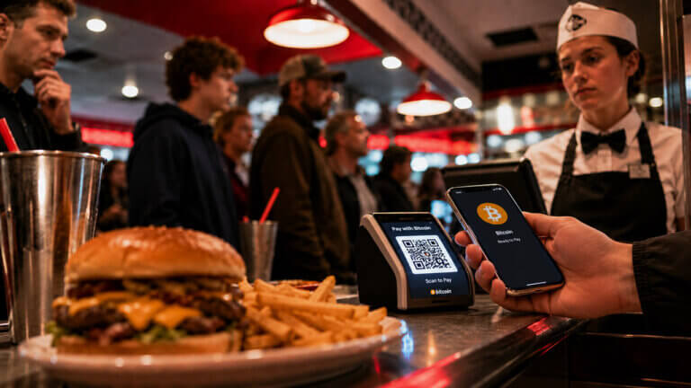 Customer taps a phone displaying Bitcoin at a diner payment terminal while a cashier and waiting customers stand nearby.