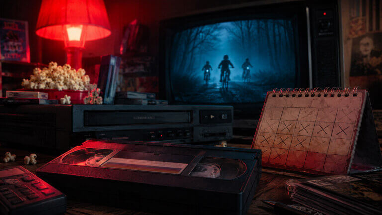 VHS cassette, retro television, popcorn, and a marked calendar in an 1980s-inspired room, symbolizing the countdown to a new Stranger Things episode release.