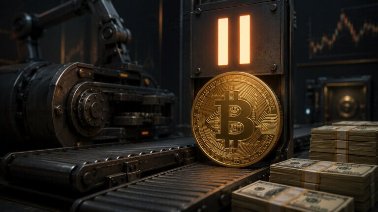 Bitcoin coin on a stopped industrial conveyor beneath an illuminated pause symbol as stacks of cash accumulate nearby.