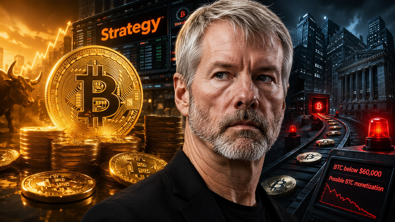 Strategy Bitcoin market transition as Michael Saylor appears beside a Bitcoin symbol and market trading screens