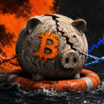Cracked Bitcoin piggy bank floats in rough water while opposing ropes and rising and falling market charts pull it between survival and decline.