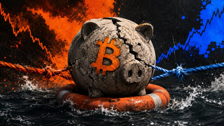 Cracked Bitcoin piggy bank floats in rough water while opposing ropes and rising and falling market charts pull it between survival and decline.