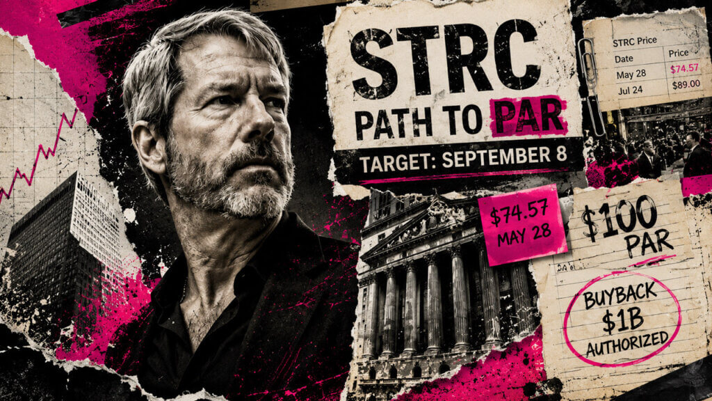Michael Saylor in a distressed financial collage beside STRC’s path from $74.57 to $100 par, a September 8 target, and $1B buyback.