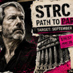 Michael Saylor in a distressed financial collage beside STRC’s path from $74.57 to $100 par, a September 8 target, and $1B buyback.