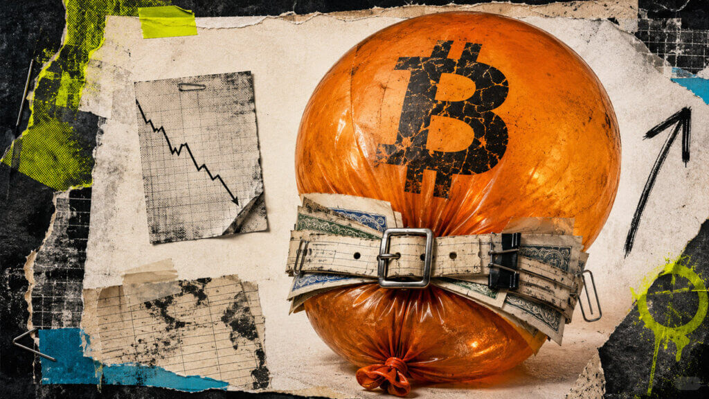 Editorial collage showing a large orange Bitcoin balloon tightly cinched by layered share certificates, symbolizing Strive’s growing Bitcoin treasury alongside declining Bitcoin per share.