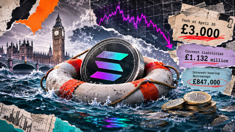 Editorial collage of a large Solana token inside a lifebuoy on rough water near London, with a falling market chart and notes showing £3,000 cash, £1.132 million in current liabilities, and £847,000 in borrowings.