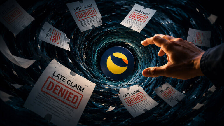 Denied late-claim documents swirling around a Terra logo as a hand reaches toward them, illustrating rejected creditor requests in Terraform’s bankruptcy case.