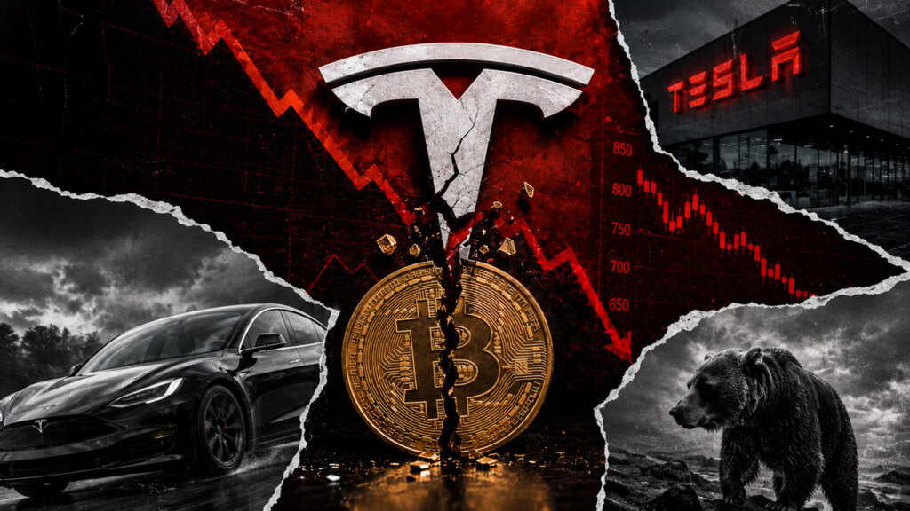 Editorial collage showing a cracked Tesla emblem, broken Bitcoin symbol, falling red chart, and figures for Tesla’s $112 million unrealized digital-asset loss.
