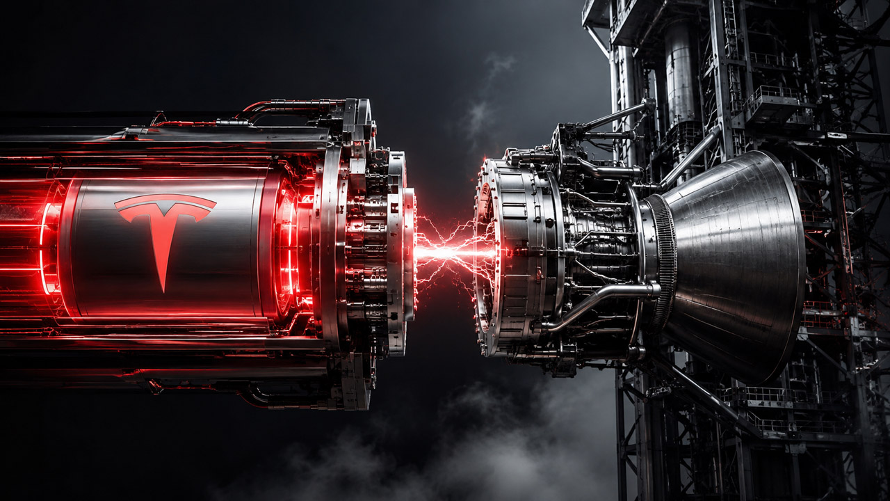 Tesla-branded battery system connecting with a large rocket engine through red electrical energy, representing a possible Tesla and SpaceX merger.
