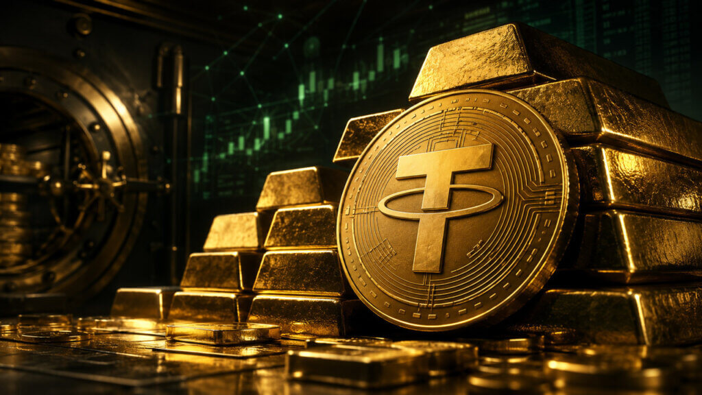Tether coin positioned in front of stacked gold bars inside a secure vault, with green market data and blockchain lines in the background.