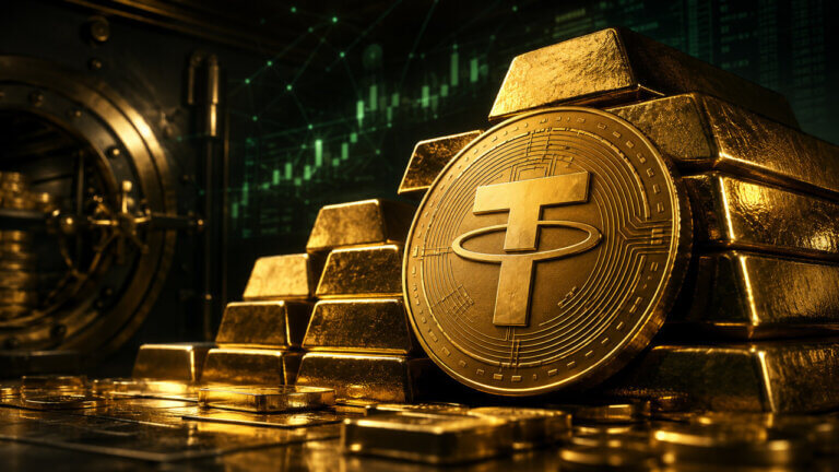 Tether coin positioned in front of stacked gold bars inside a secure vault, with green market data and blockchain lines in the background.
