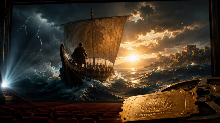Ancient Greek ship sailing through stormy seas on a cinema screen with a gold ticket and film reel in the foreground.