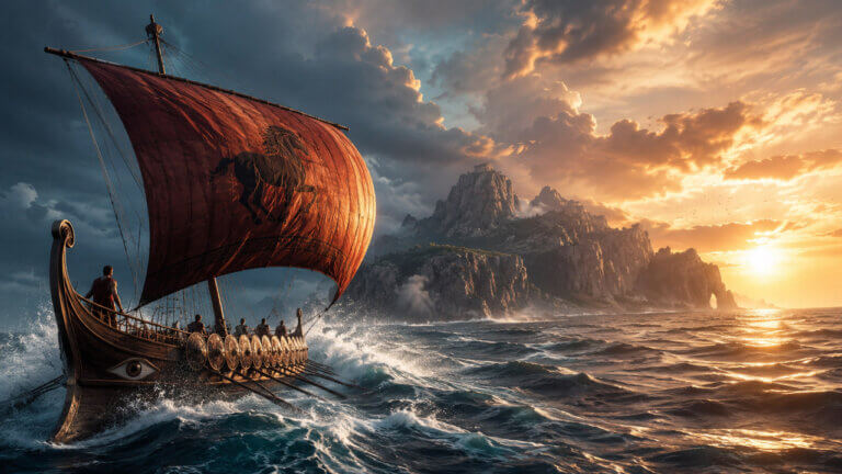 Ancient Greek warship sailing through rough seas toward a mountainous island at sunset, evoking the epic journey of The Odyssey.