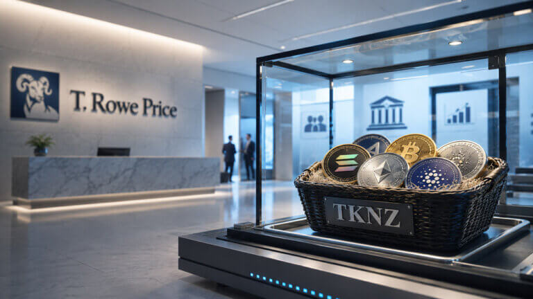 TKNZ crypto basket displayed inside a glass case in a modern T. Rowe Price office lobby, symbolizing institutional distribution of diversified digital-asset exposure.