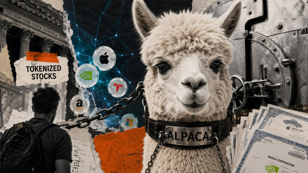 Gritty financial collage showing Apple, Nvidia, and Tesla stock certificates emerging from an Alpaca-branded vault as tokenized assets flow from a smartphone toward traditional Wall Street infrastructure.