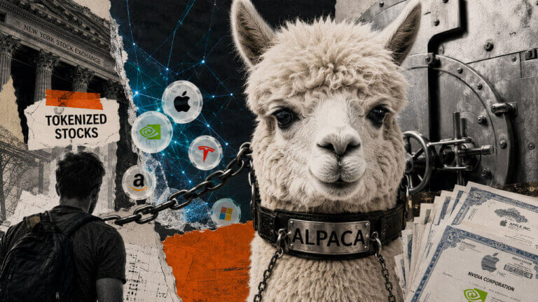 Gritty financial collage showing Apple, Nvidia, and Tesla stock certificates emerging from an Alpaca-branded vault as tokenized assets flow from a smartphone toward traditional Wall Street infrastructure.