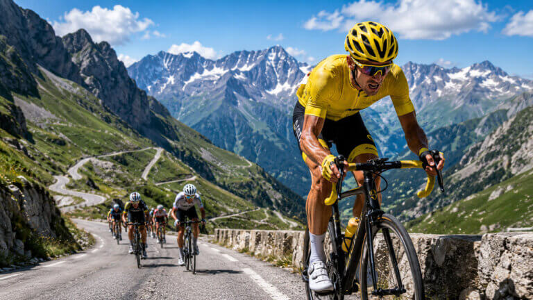 Yellow jersey cyclist leading a mountain stage climb through dramatic alpine scenery with riders following behind.