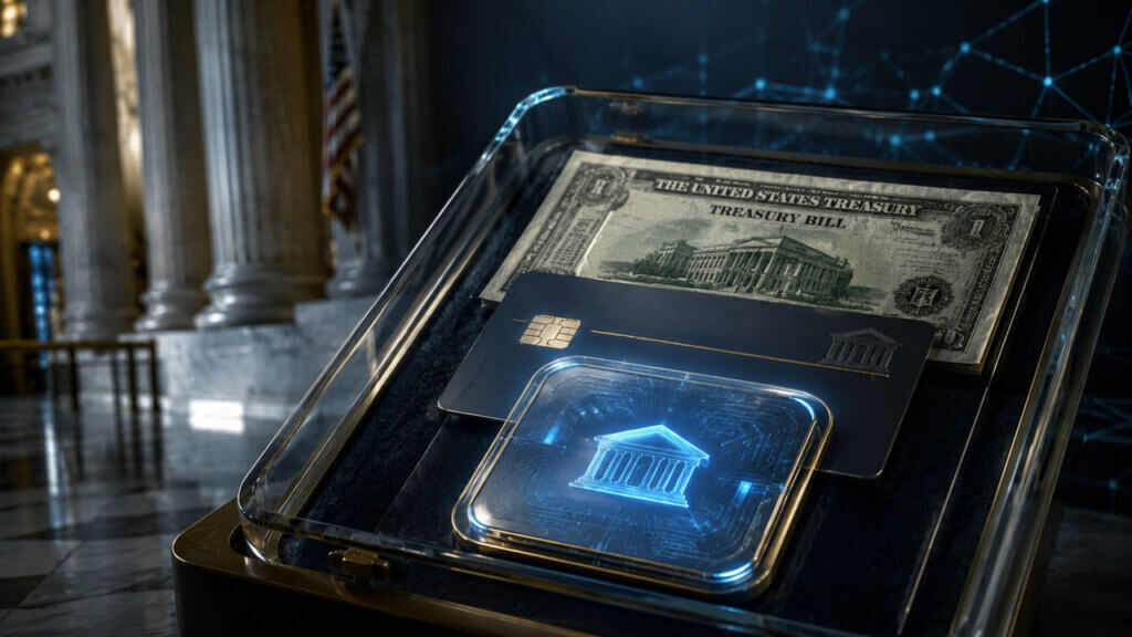 U.S. Treasury certificate transforming into blockchain records beside a digital settlement and compliance dashboard.