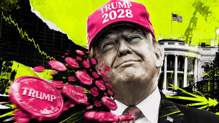 Donald Trump wearing a pink “TRUMP 2028” hat as pink TRUMP tokens stream across a falling chart in front of the White House.