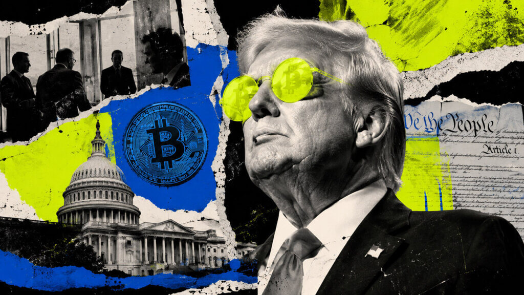 Donald Trump wearing neon Bitcoin-reflective sunglasses, surrounded by the U.S. Capitol, political meeting silhouettes, a Bitcoin emblem, and constitutional document fragments.