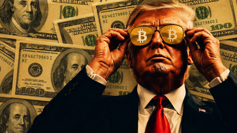 Stylized political figure adjusts gold sunglasses displaying Bitcoin symbols against a collage of US dollar bills.