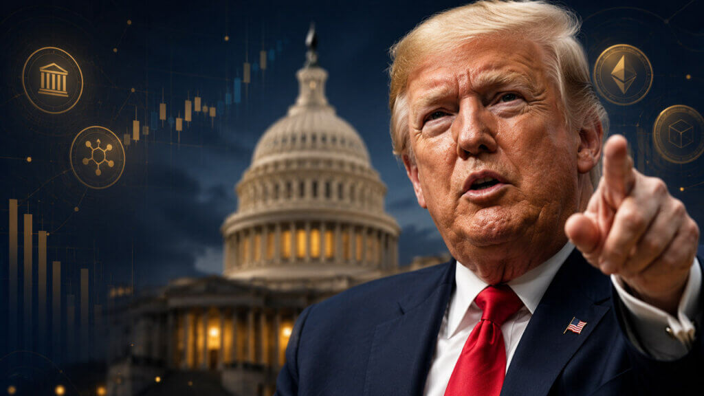 Donald Trump points toward the camera with the U.S. Capitol behind him and subtle crypto market graphics surrounding the scene.