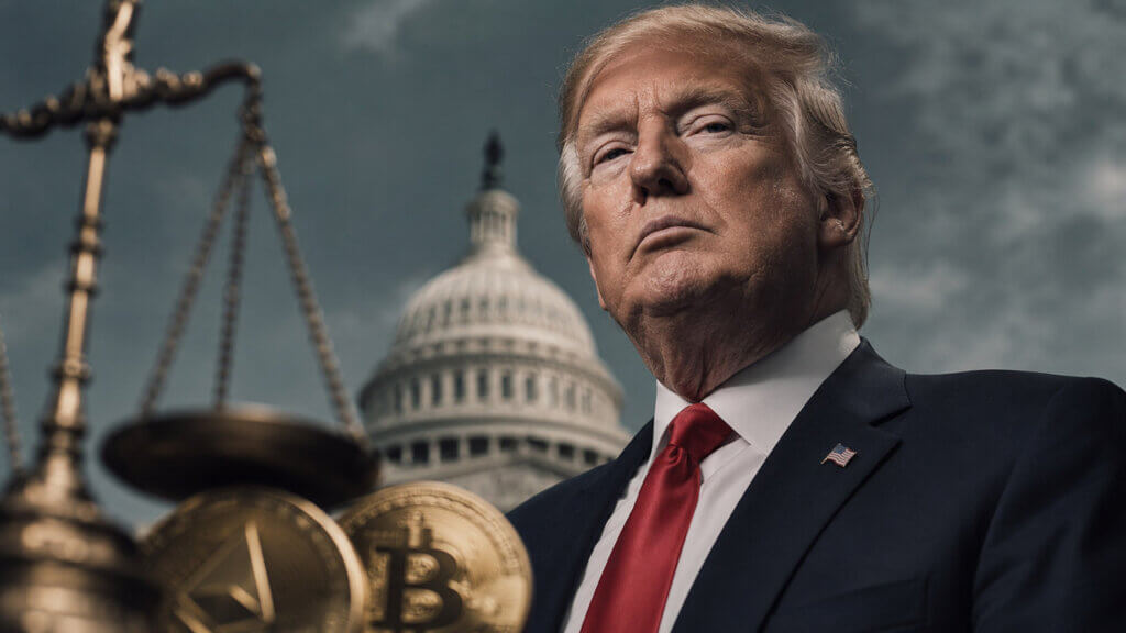 Donald Trump stands before the US Capitol with scales of justice and cryptocurrency coins, symbolizing the CLARITY Act ethics debate.