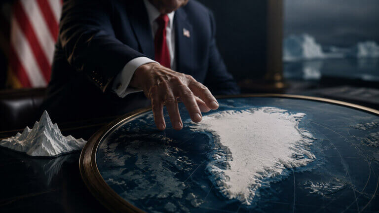 Donald Trump reaching toward a raised map of Greenland on a strategy table with Arctic ice visible in the background.