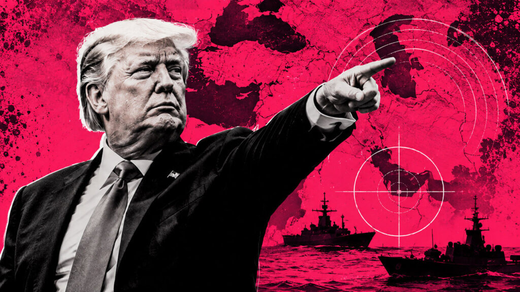 High-contrast editorial collage showing Donald Trump pointing across a vivid hot-pink map of Iran and the Middle East, with white targeting circles and naval warship silhouettes in the foreground.