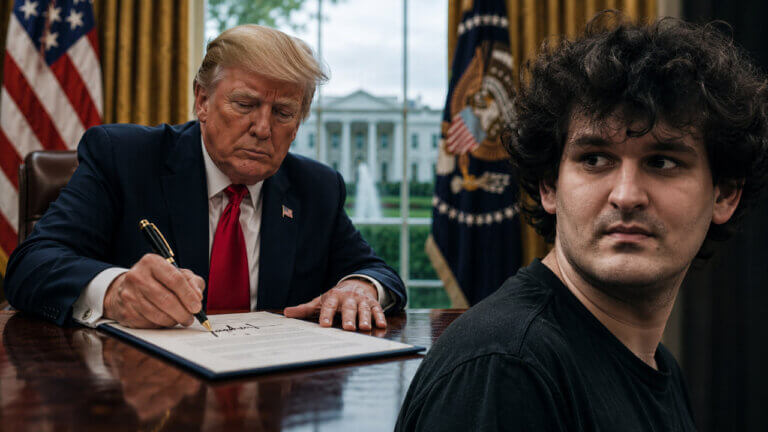 Donald Trump signing a presidential document at a White House desk while Sam Bankman-Fried looks on in the foreground, illustrating a potential pardon.