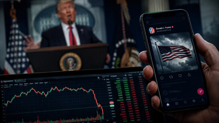 A smartphone displays a Trump social media post while a trading screen shows a sharp market decline and Trump speaks at a White House podium in the background.