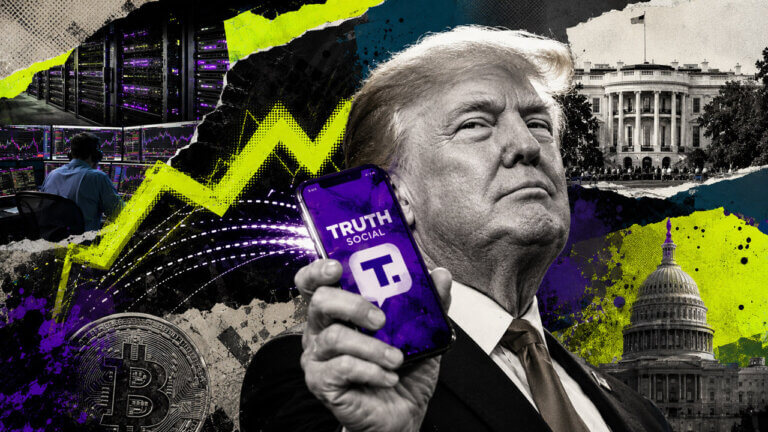 Mixed-media collage of Donald Trump holding a purple Truth Social phone, surrounded by algorithmic trading screens, servers, government buildings, Bitcoin, and an acid-yellow market chart.