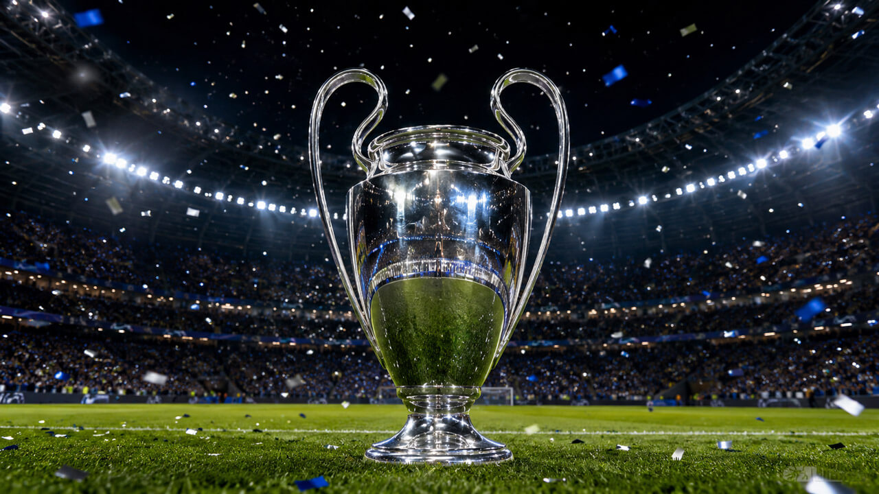UEFA Champions League trophy displayed at center field inside a packed stadium under bright floodlights and falling blue and silver confetti.