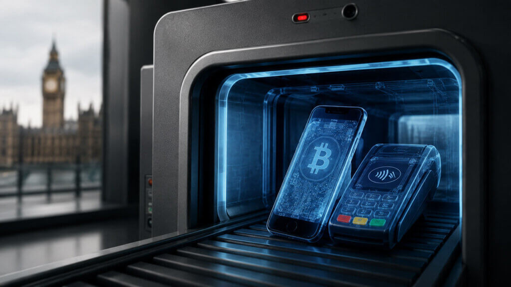 Smartphone and payment terminal passing through a blue-lit security scanner, with Bitcoin circuitry visible and Westminster in the background.
