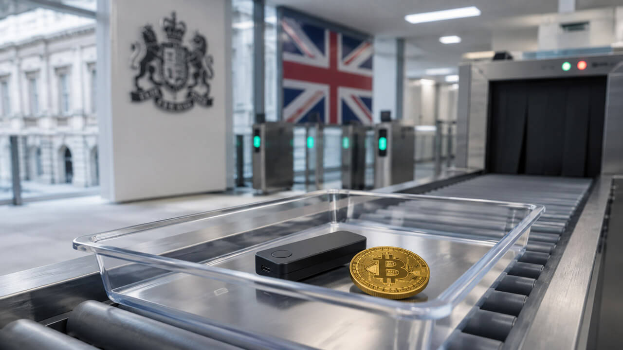 A hardware wallet and cryptocurrency undergo inspection at a security checkpoint inside a UK government building, representing AML compliance and cryptoasset transfer controls under the UK Money Laundering Regulations.