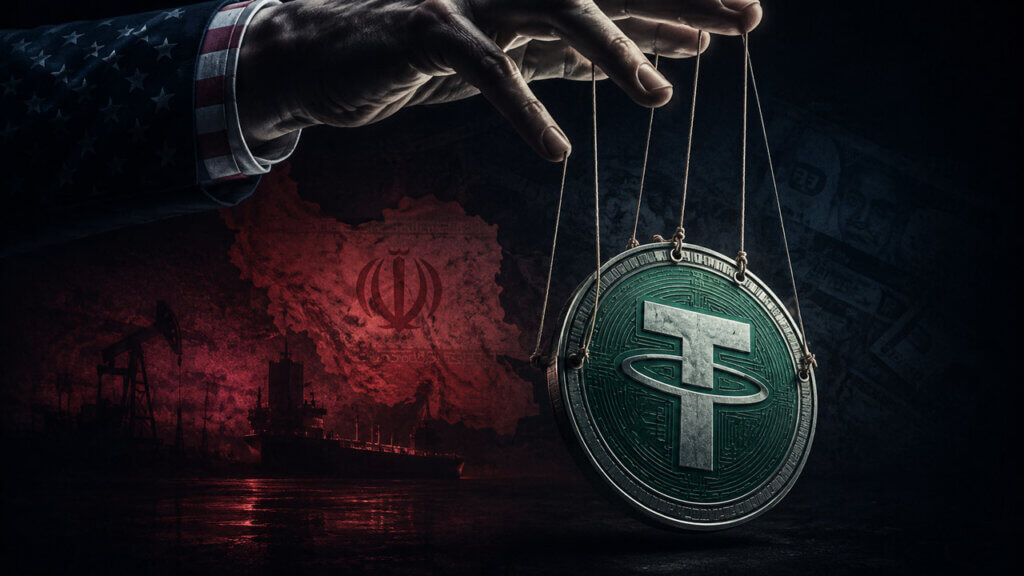 U.S.-themed hand controls a suspended USDT coin like a marionette above an Iran map, oil pump and tanker silhouettes.