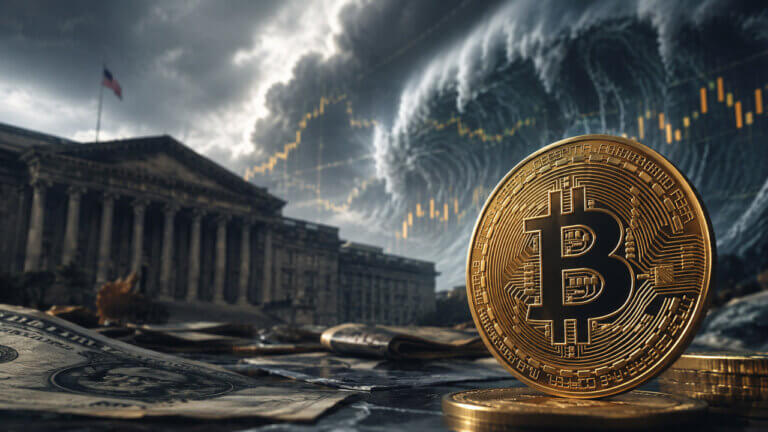 Close-up Bitcoin coin facing a looming financial storm outside the US Treasury, symbolizing rising federal debt and an approaching liquidity test.