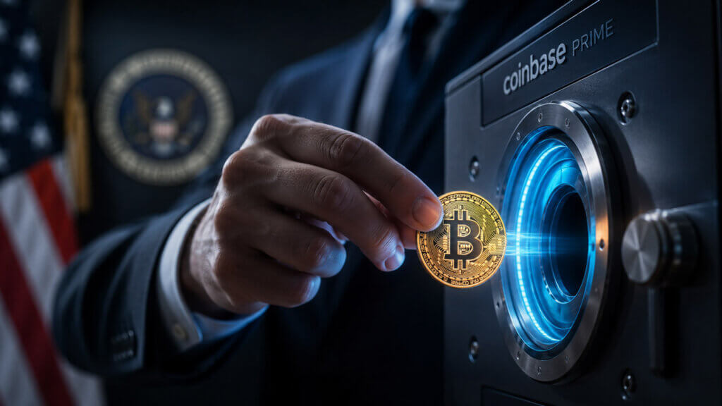 U.S. government official placing a Bitcoin coin into a secure Coinbase Prime custody vault, with an American flag and official seal blurred in the background.