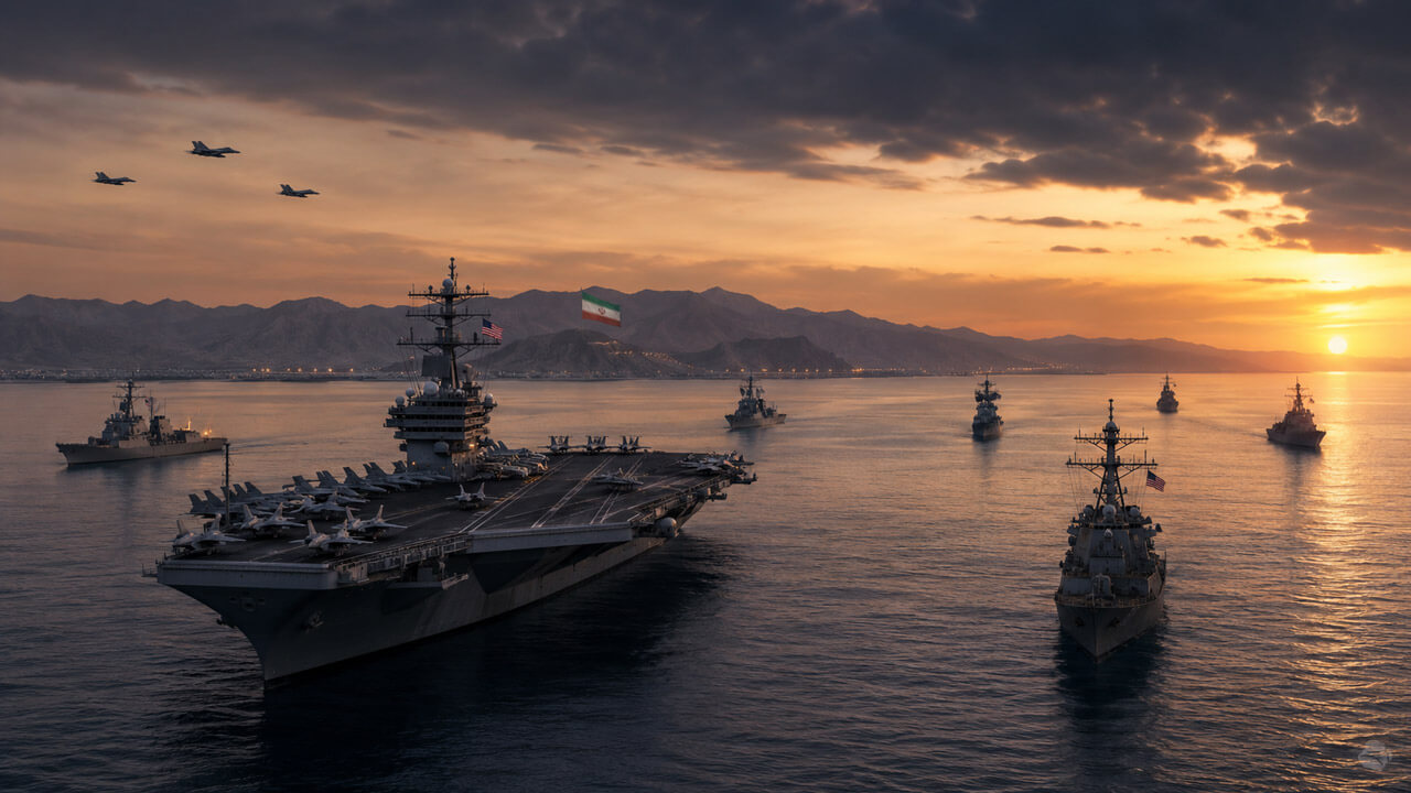 US aircraft carrier and escort ships holding position in calm waters near Iran’s coastline as fighter jets turn away at sunset.