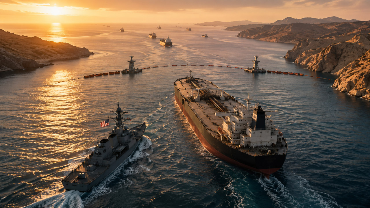 Oil tanker escorted by a US naval vessel through the Strait of Hormuz at sunset, suggesting protected commercial transit.