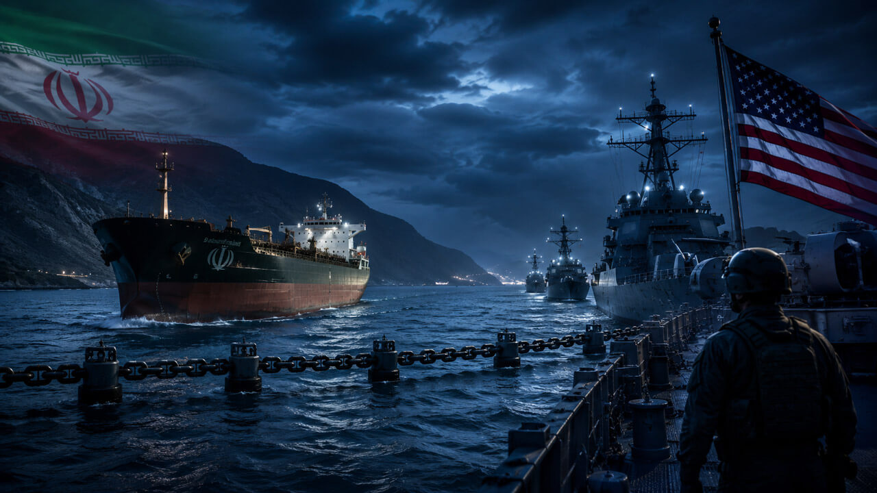 U.S. warship and Iranian tanker facing each other in dark waters under storm clouds, symbolizing blockade tensions.