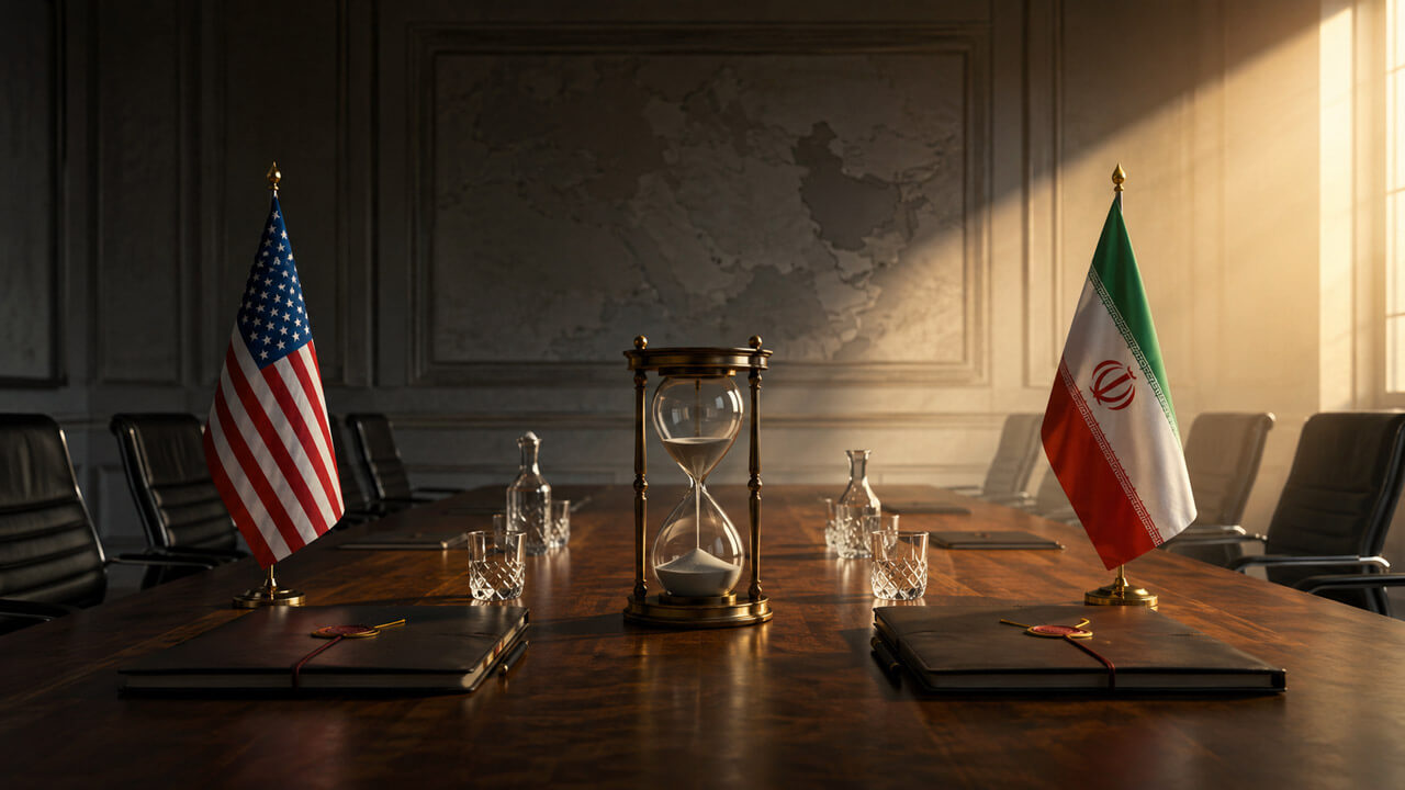 Empty diplomatic negotiation table with US and Iranian flags, sealed document folders, and an hourglass marking a two-week pause.