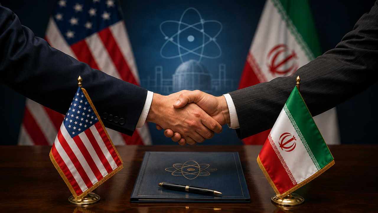 US and Iranian representatives shaking hands above a nuclear agreement folder, framed by American and Iranian flags.