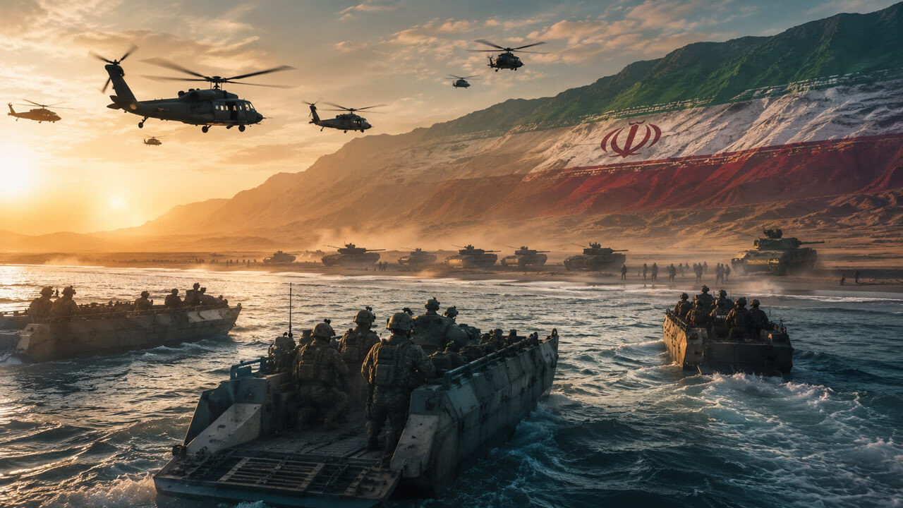 Military landing craft carrying troops toward Iran’s coastline as helicopters and armored vehicles advance across the shore.