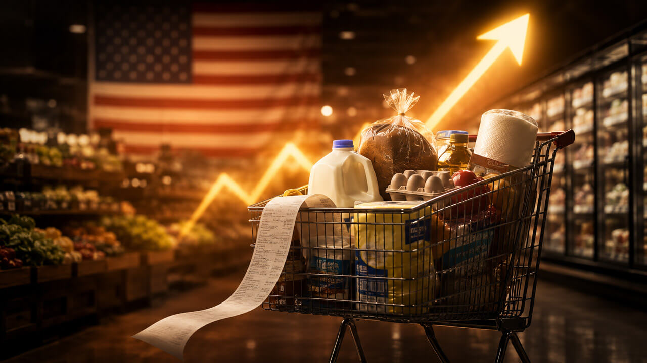Grocery cart filled with household essentials and a long receipt beneath a rising price arrow inside an American supermarket.