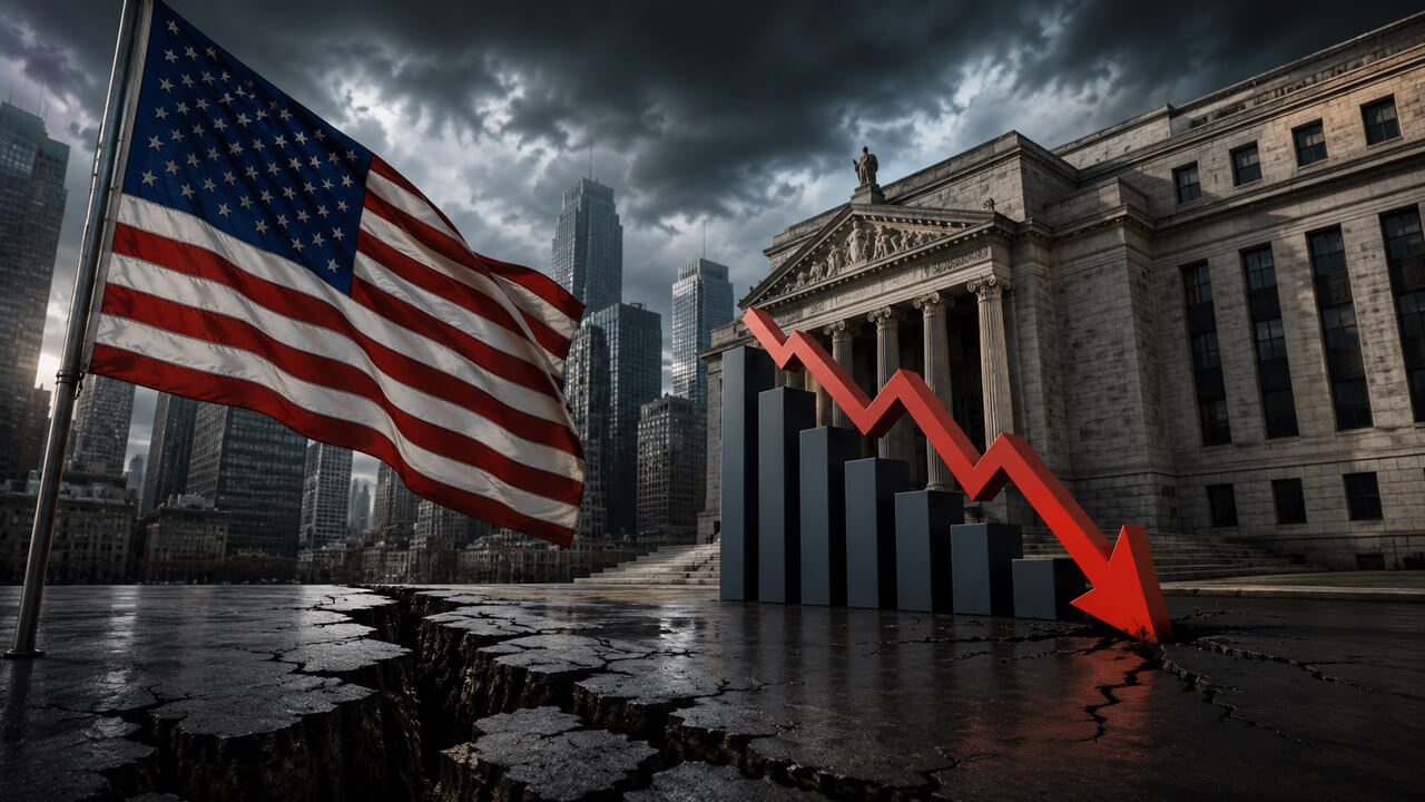 American flag beside a federal-style building as a descending red chart crosses shrinking bars above cracked pavement under storm clouds.