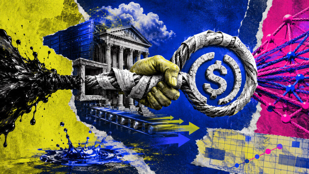 Mixed-media collage of a hand gripping a patent-wrapped cable shaped into a USDC symbol, pulled between a dark liquidity force and a bright institutional network.